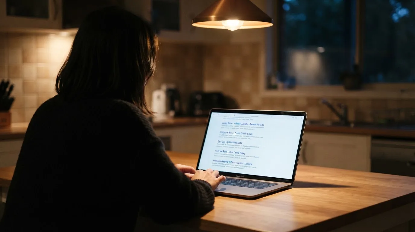 A person sits at a kitchen table in the evening, scrolling a laptop showing a general search results page about bonus offers.