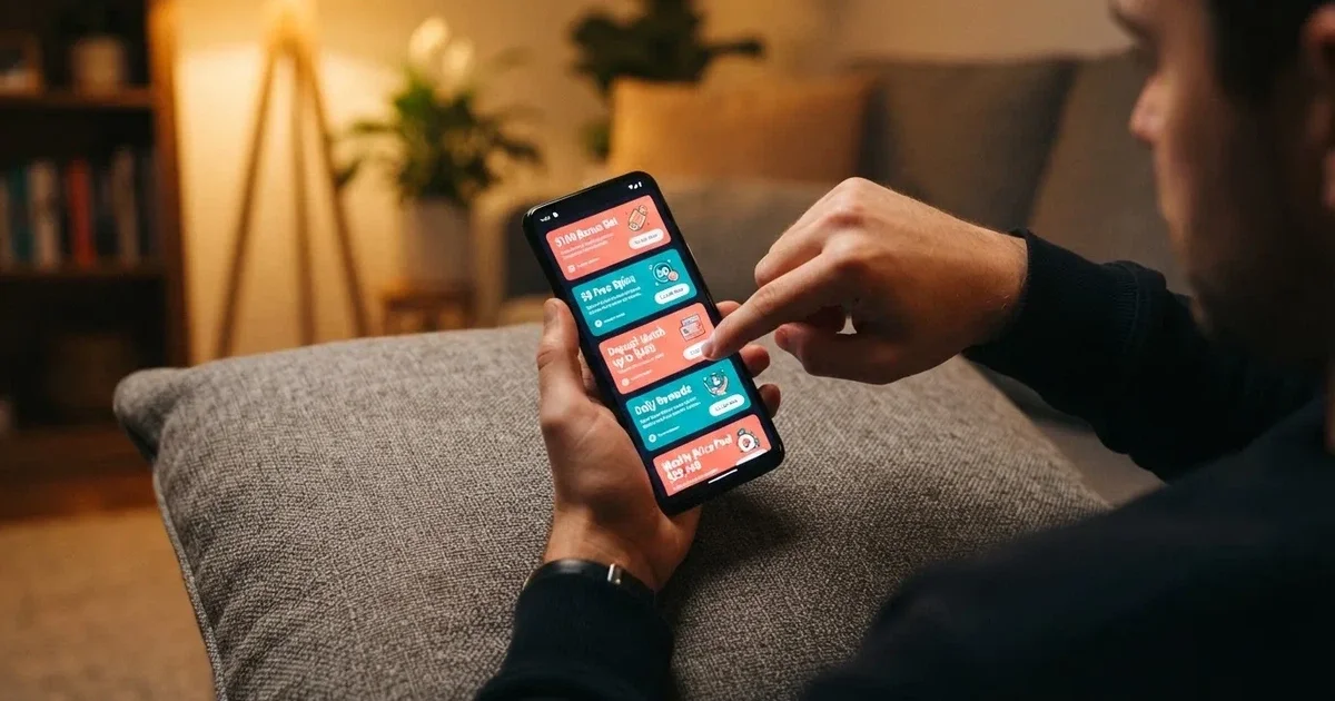 A phone screen shows a list of promotional bonus tiles as someone scrolls with one thumb on a couch.