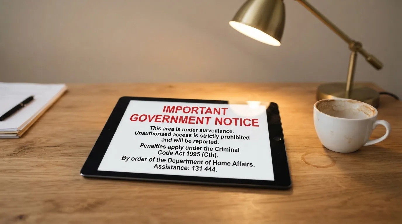 A tablet on a desk displays a plain government-style warning notice page, with a coffee cup beside it.