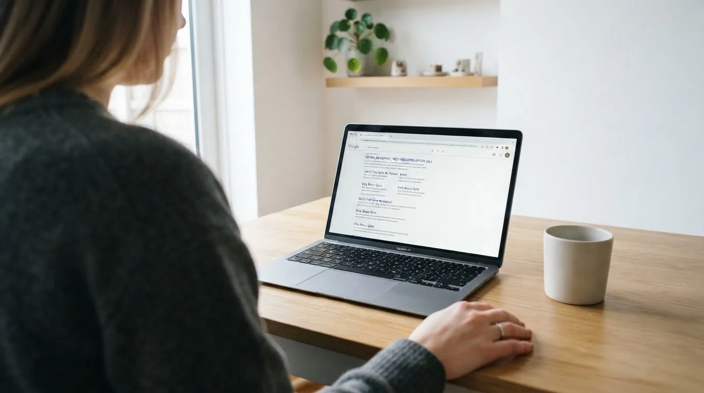 A person sits at a kitchen table, scrolling a laptop showing a general search results page about free spins offers.