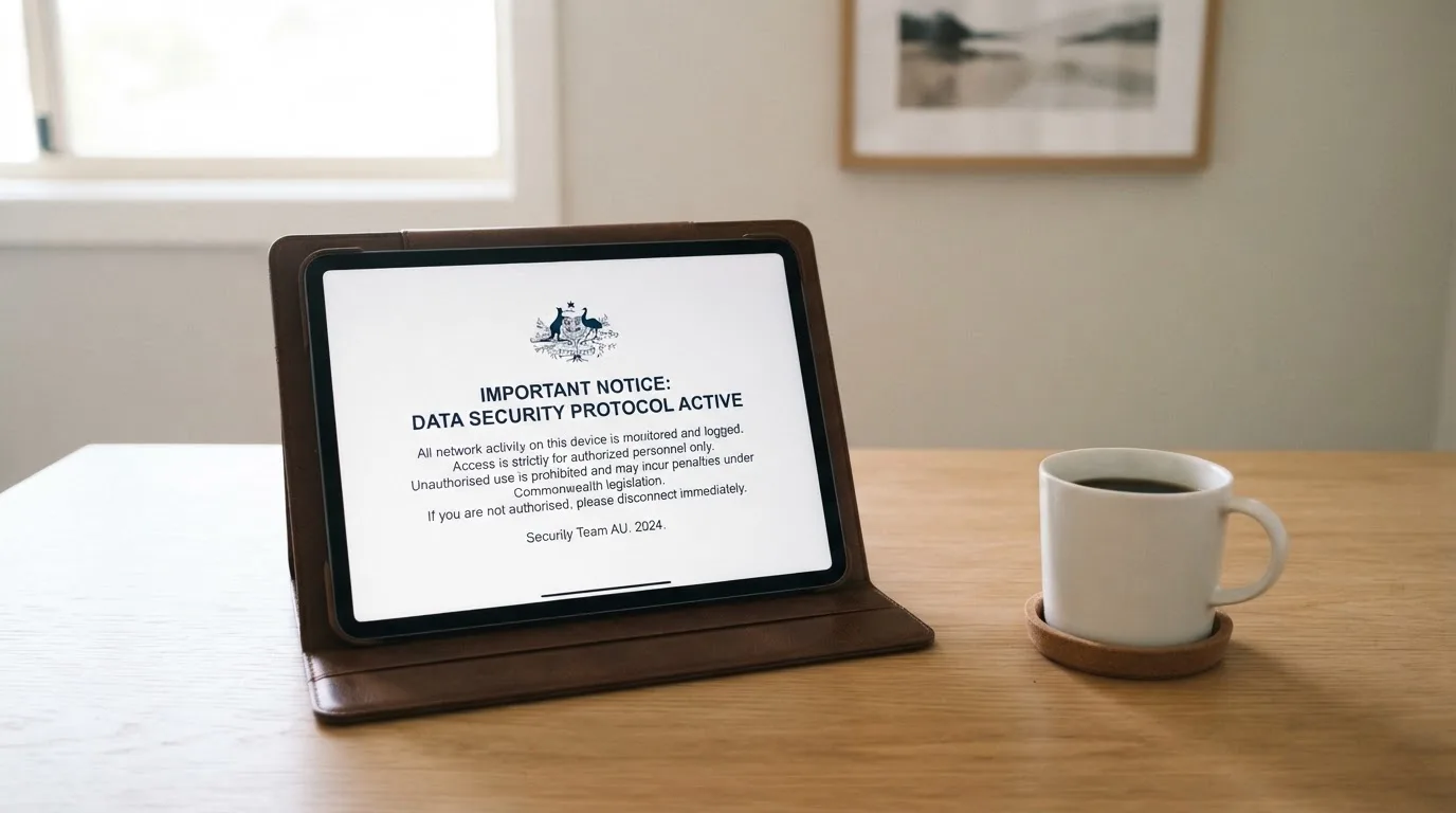 A tablet on a desk displays a plain government-style warning notice page, with a coffee cup beside it.