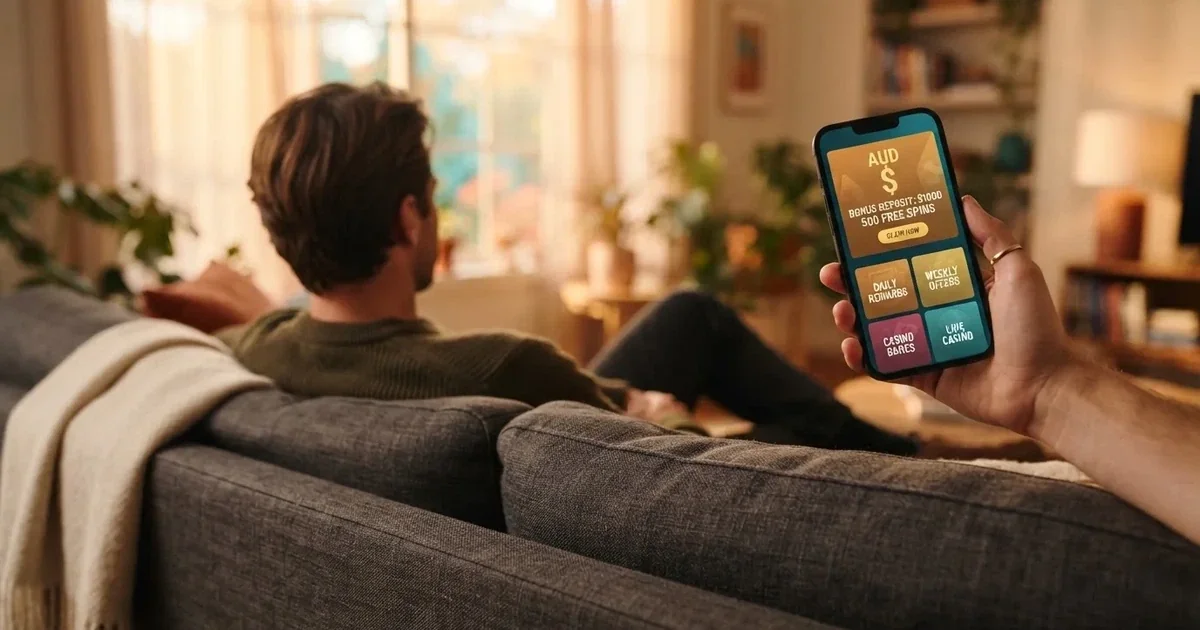 A phone screen shows a list of promotional bonus tiles as someone scrolls with one thumb on a couch.