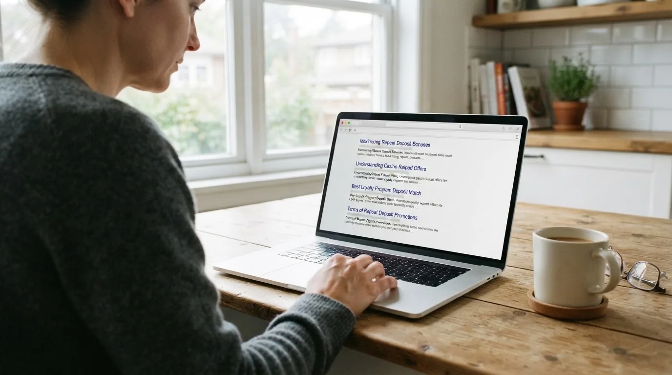 A person sits at a kitchen table, scrolling a laptop showing a general search results page about repeat-deposit offers.