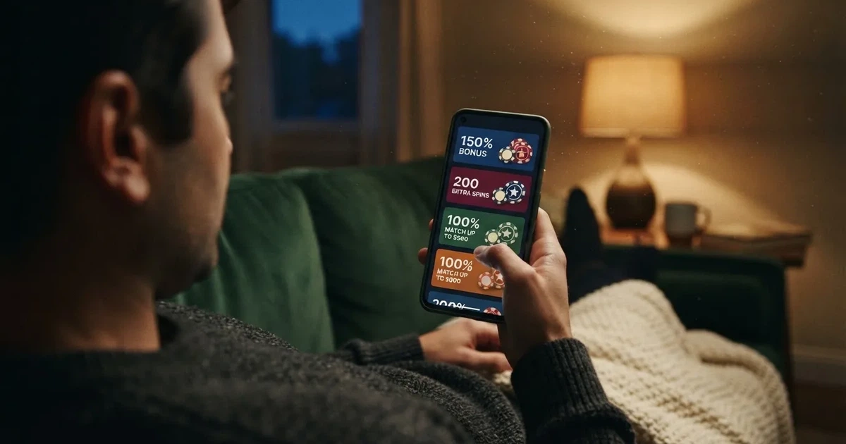 A phone screen shows a list of promotional bonus tiles as someone scrolls with one thumb on a couch.