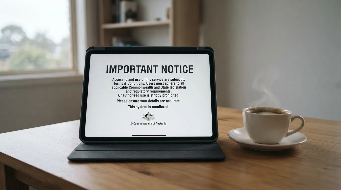 A tablet on a desk displays a plain government-style warning notice page, with a coffee cup beside it.