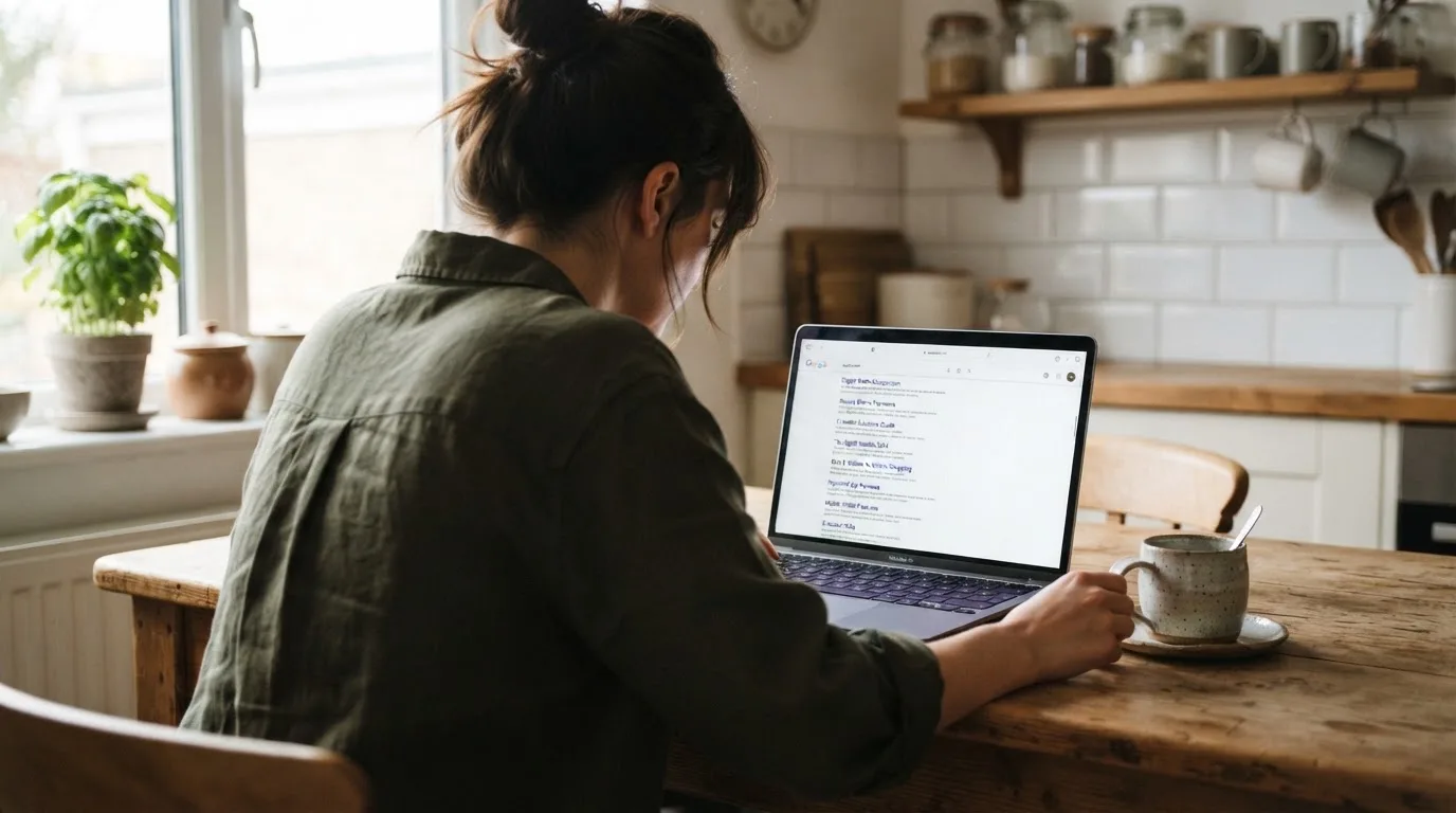 A person sits at a kitchen table, scrolling a laptop showing a general search results page about e-wallet options.