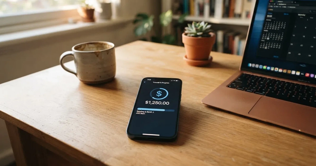 Close-up of a smartphone banking app open beside a laptop on a home desk, mid-transfer.
