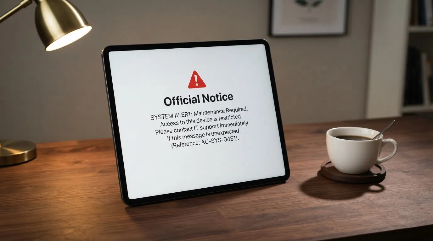 A tablet on a desk displays a plain government-style warning notice page, with a coffee cup beside it.