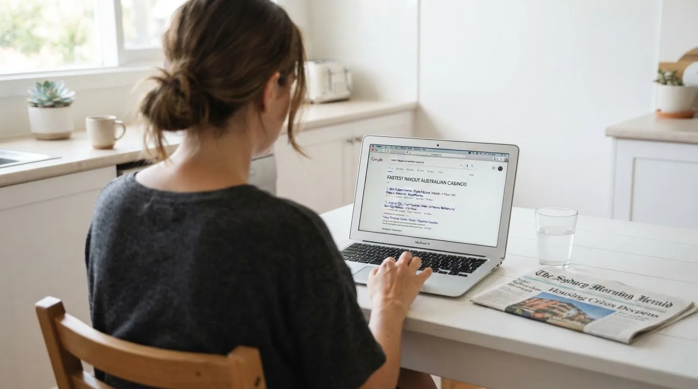 A person sits at a kitchen table, scrolling a laptop showing a general search results page about withdrawal speed.