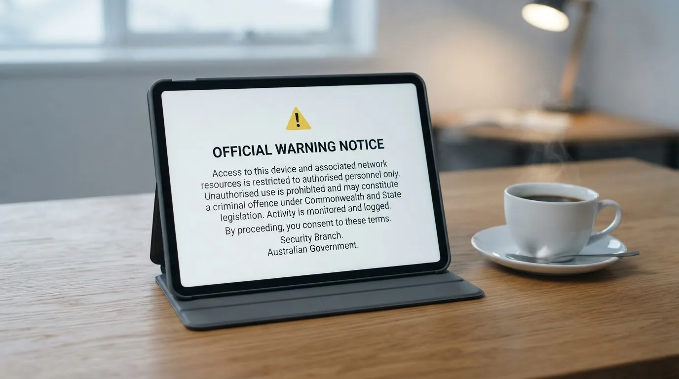 A tablet on a desk displays a plain government-style warning notice page, with a coffee cup beside it.