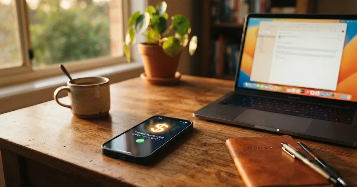 Close-up of a smartphone banking app open beside a laptop on a home desk, mid-transfer.