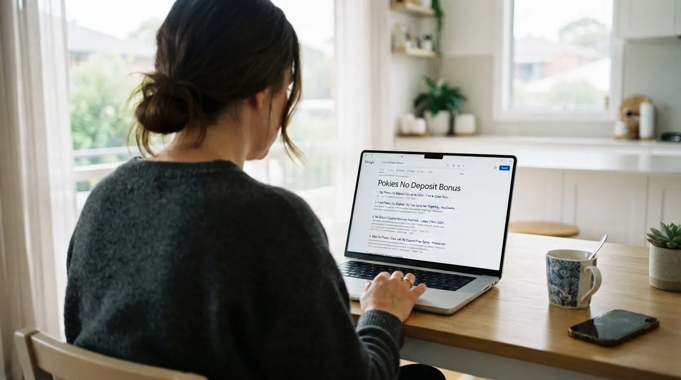 A person sits at a kitchen table, scrolling a laptop showing a general search results page about pokies bonus offers.