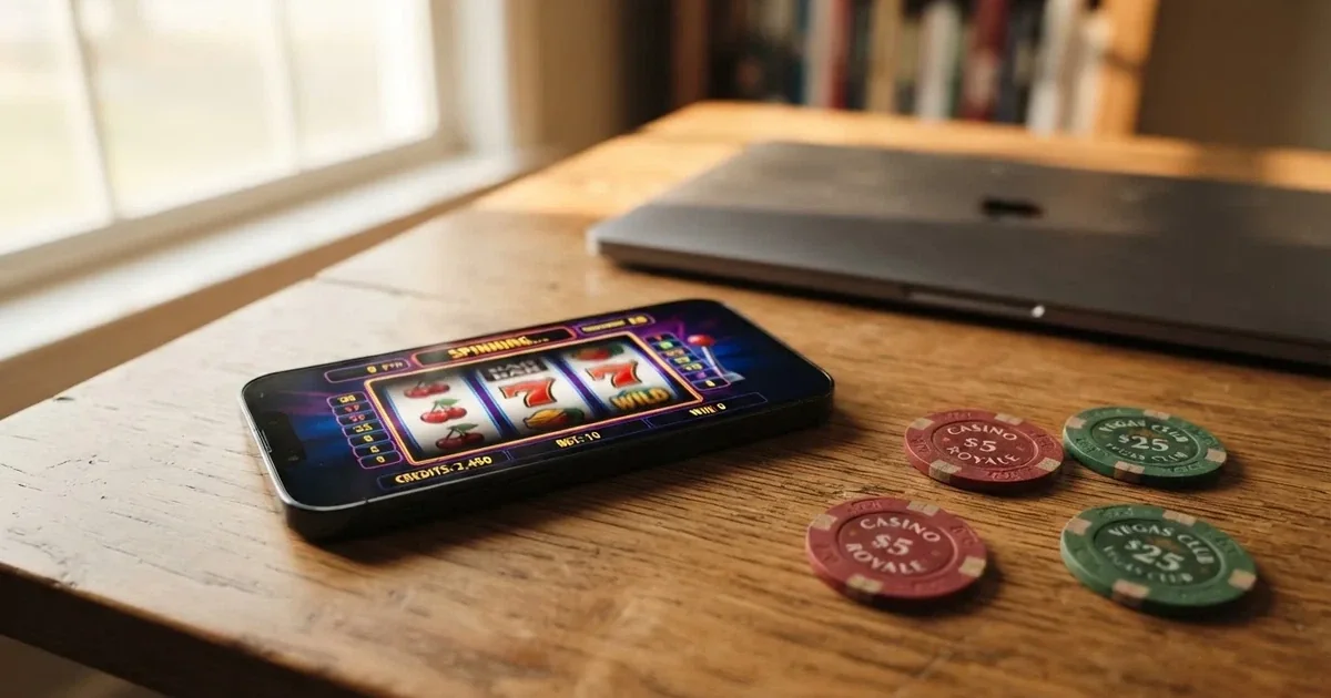 Close-up of a smartphone banking app open beside a laptop on a home desk, mid-transfer.