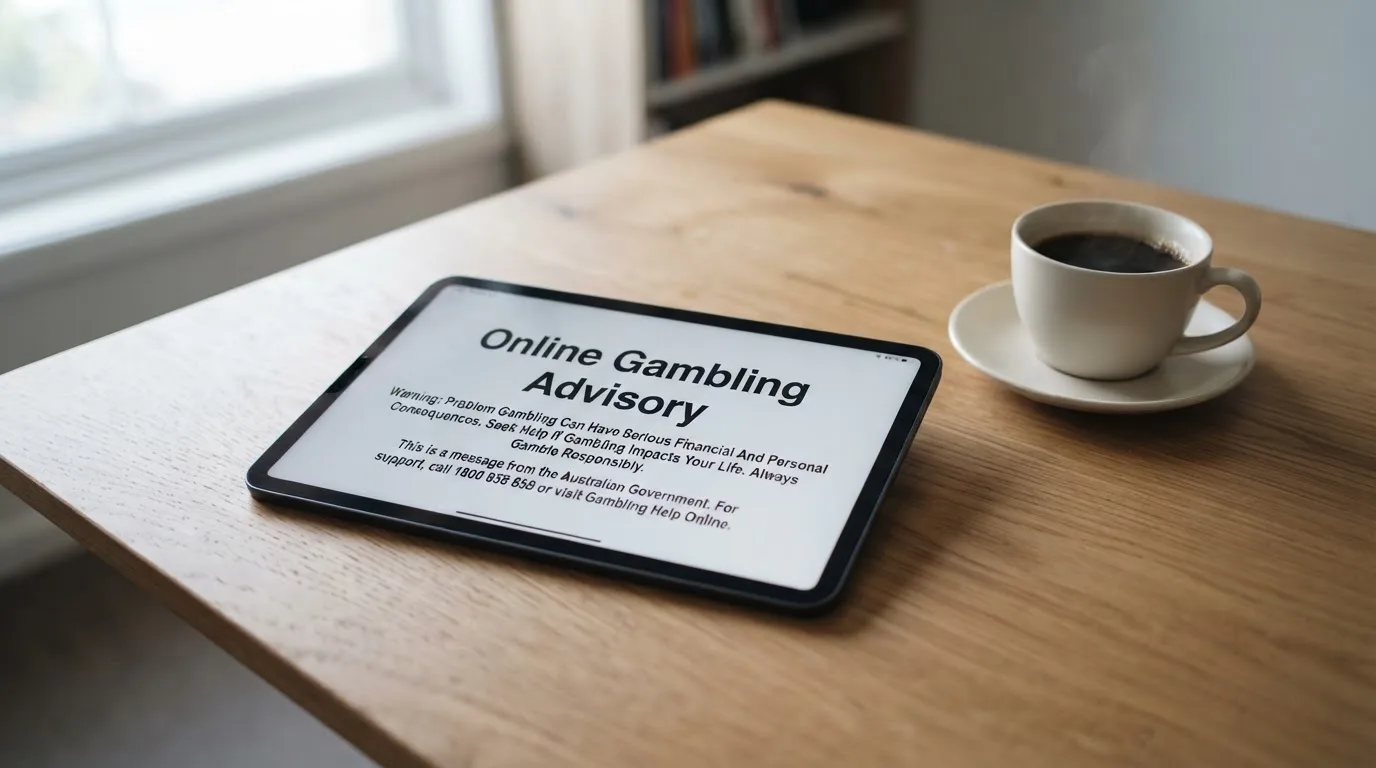 A tablet on a desk displays a plain government-style warning notice page, with a coffee cup beside it.