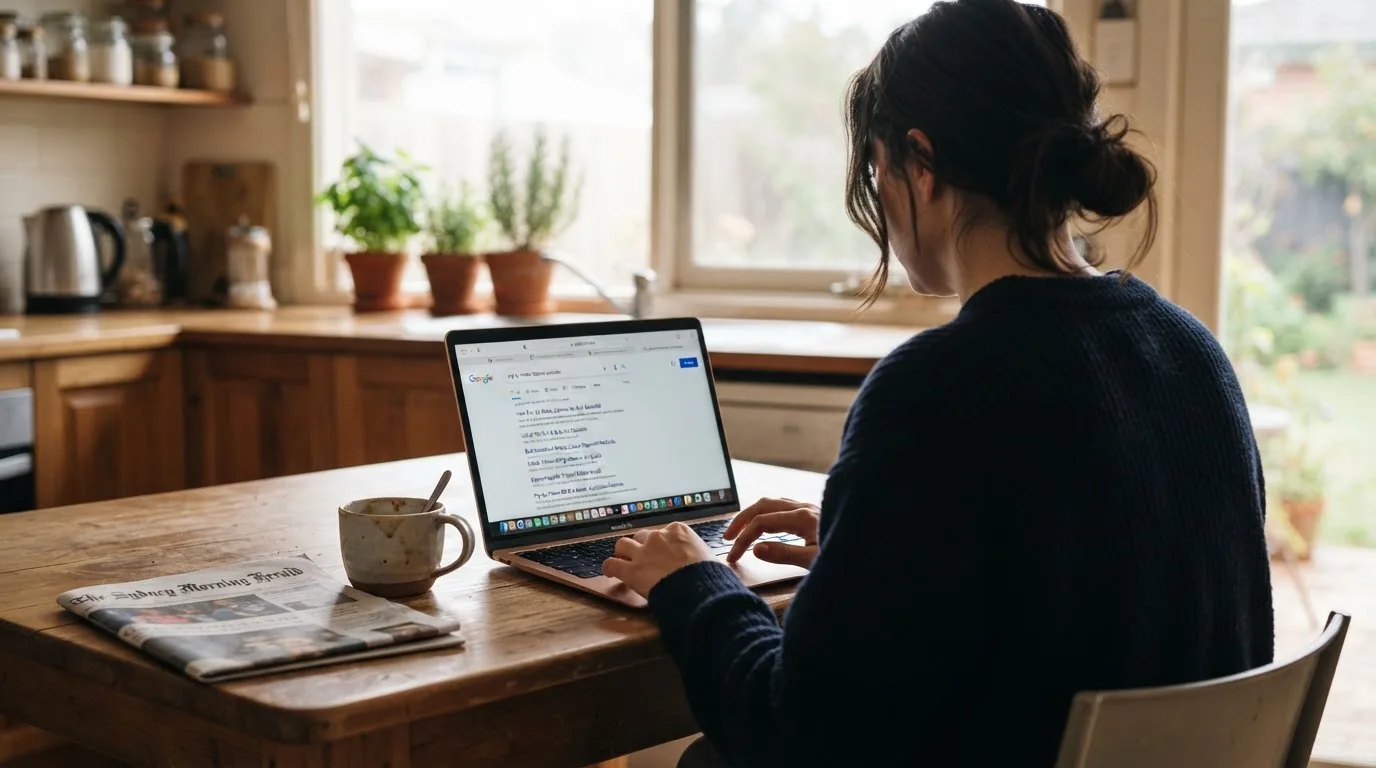 A person sits at a kitchen table, scrolling a laptop showing a general search results page about phone-bill deposits.