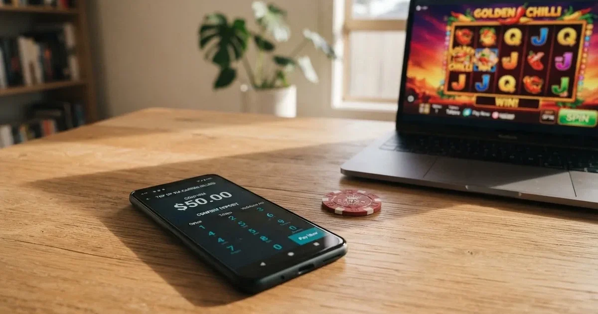 Close-up of a smartphone banking app open beside a laptop on a home desk, mid-transfer.