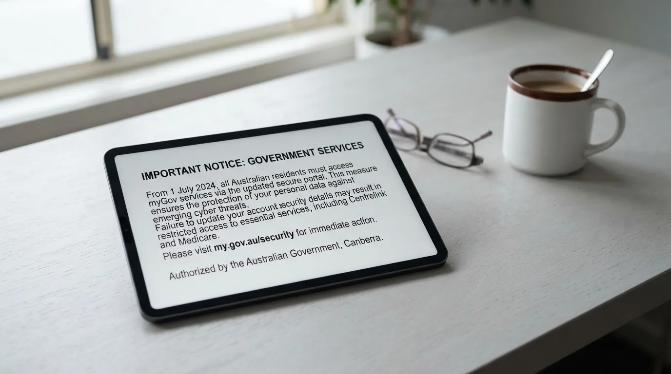 A tablet on a desk displays a plain government-style warning notice page, with a coffee cup beside it.