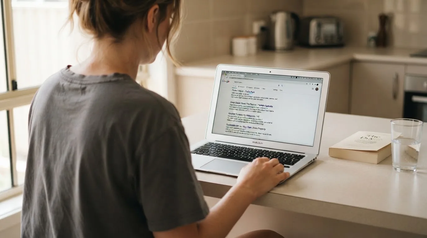A person sits at a kitchen table, scrolling a laptop showing a general search results page about pokies bonus claims.