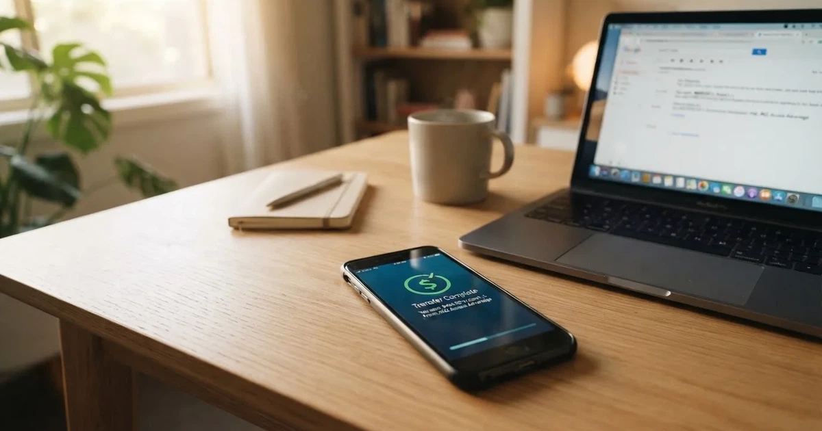 Close-up of a smartphone banking app open beside a laptop on a home desk, mid-transfer.