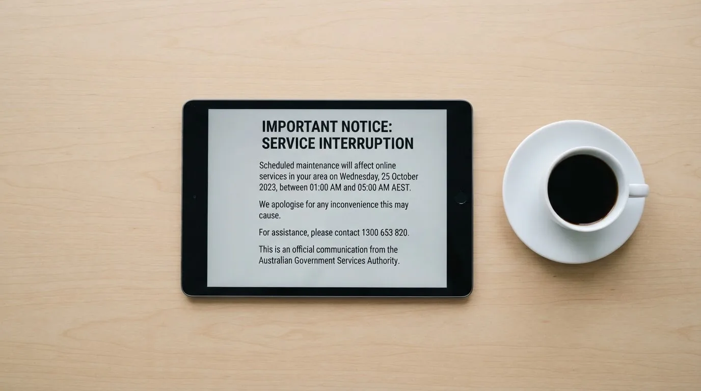 A tablet on a desk displays a plain government-style warning notice page, with a coffee cup beside it.