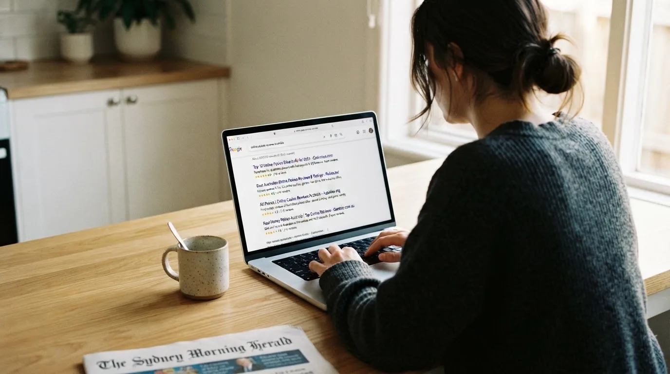 A person sits at a kitchen table, scrolling a laptop showing a general search results page about a review of a pokies site.
