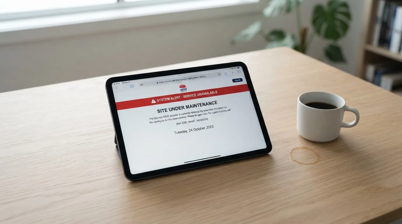 A tablet on a desk displays a plain government-style warning notice page, with a coffee cup beside it.