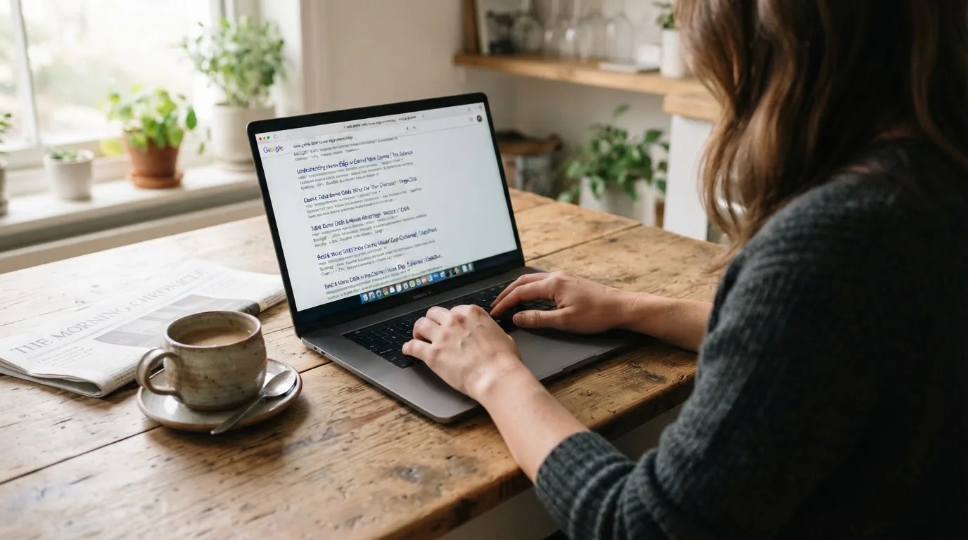 A person sits at a kitchen table, scrolling a laptop showing a general search results page about table game odds.