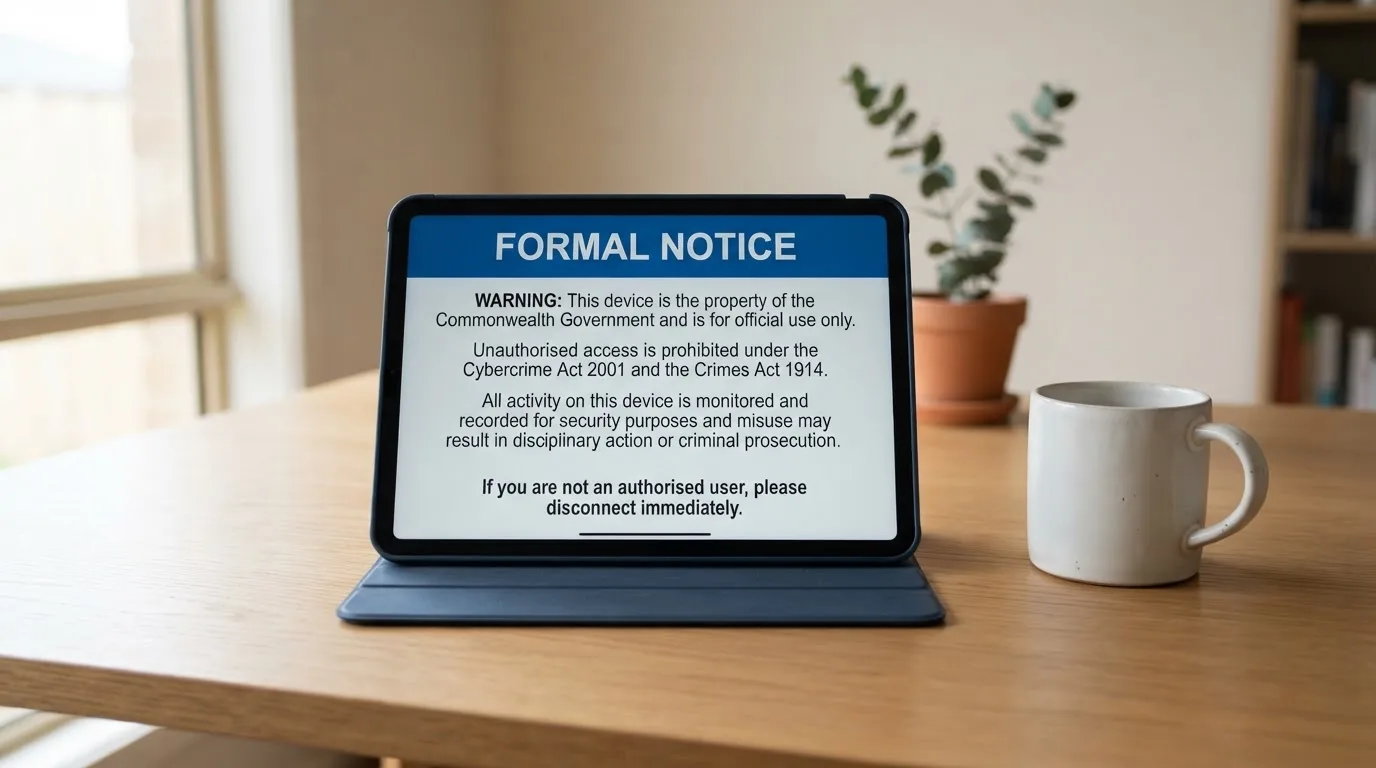 A tablet on a desk displays a plain government-style warning notice page, with a coffee cup beside it.