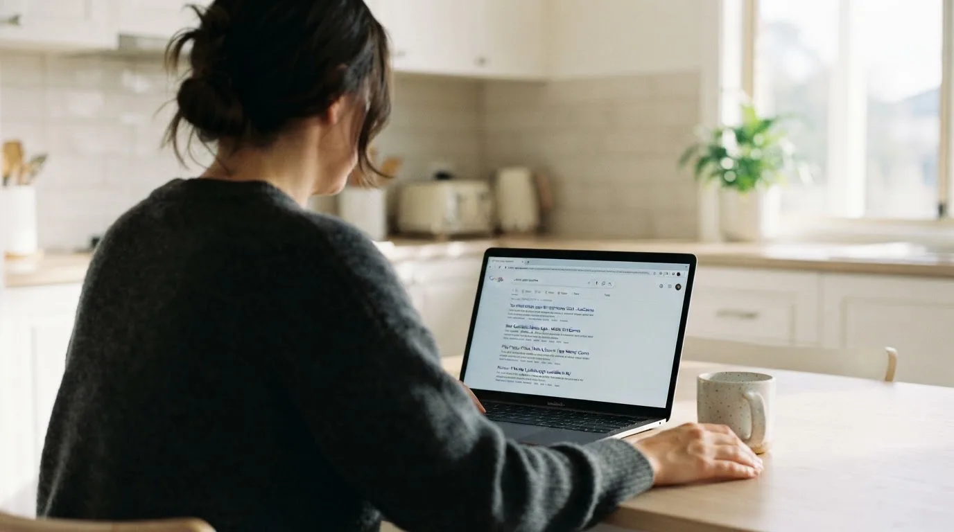 A person sits at a kitchen table, scrolling a laptop showing a general search results page about pokies apps.