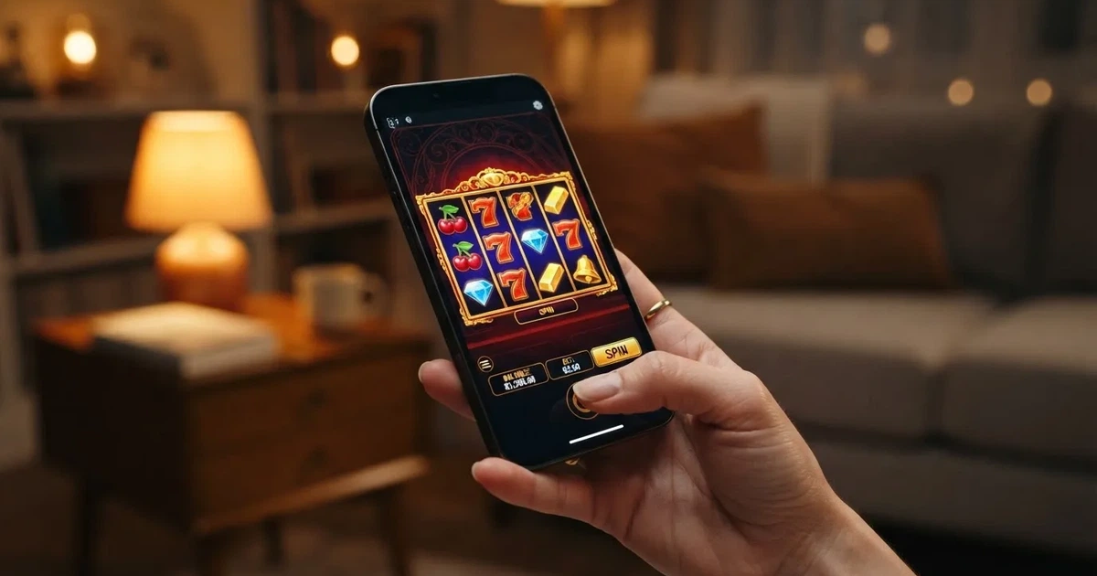 A hand holds a smartphone with an app icon grid visible on the home screen, thumb hovering over the display.
