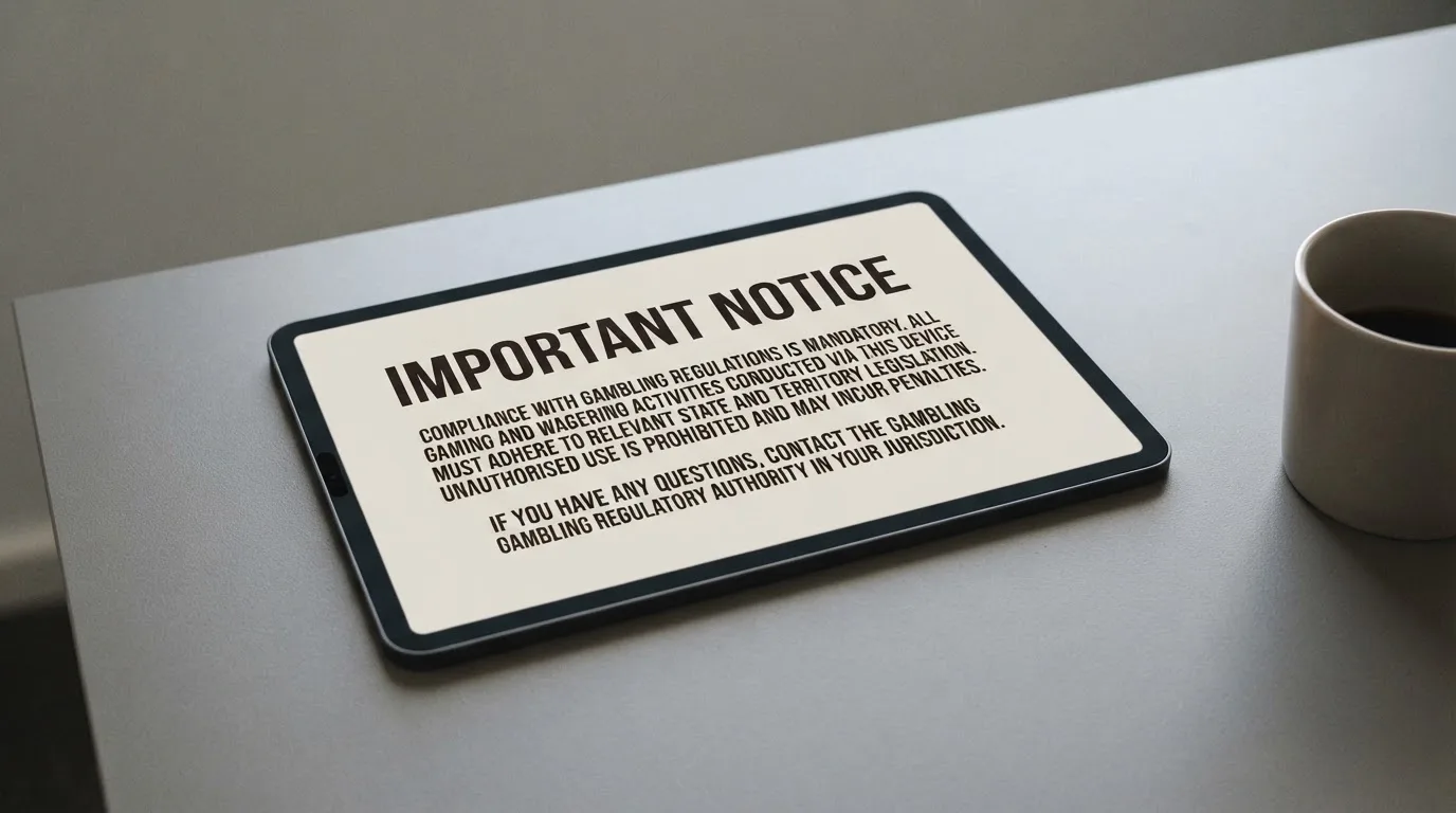 A tablet on a desk displays a plain government-style warning notice page, with a coffee cup beside it.