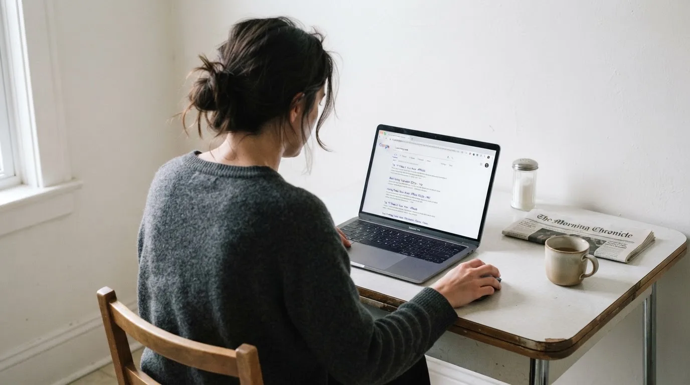A person sits at a kitchen table, scrolling a laptop showing a general search results page about pokies apps.