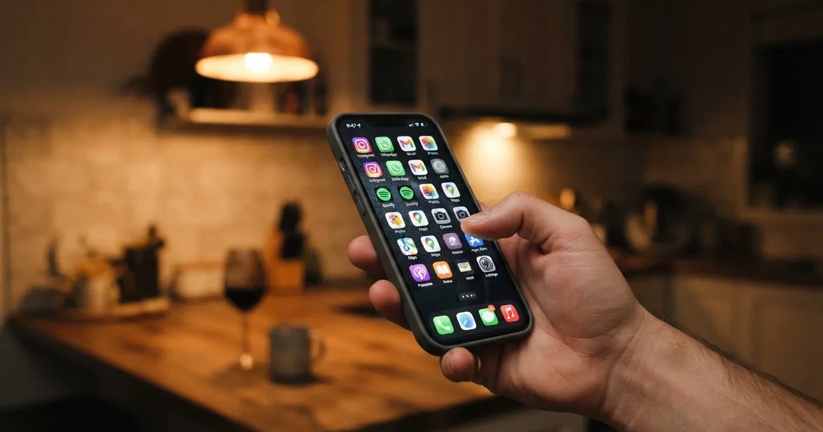 A hand holds a smartphone with an app icon grid visible on the home screen, thumb hovering over the display.