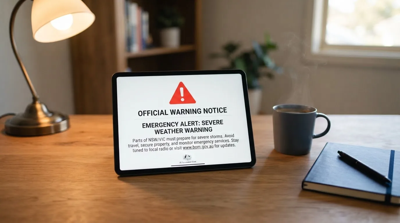 A tablet on a desk displays a plain government-style warning notice page, with a coffee cup beside it.